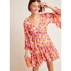 MISA Los Angeles Yasemin Bright Pink Orange Yellow Floral Chiffon Bell Sleeve Mi